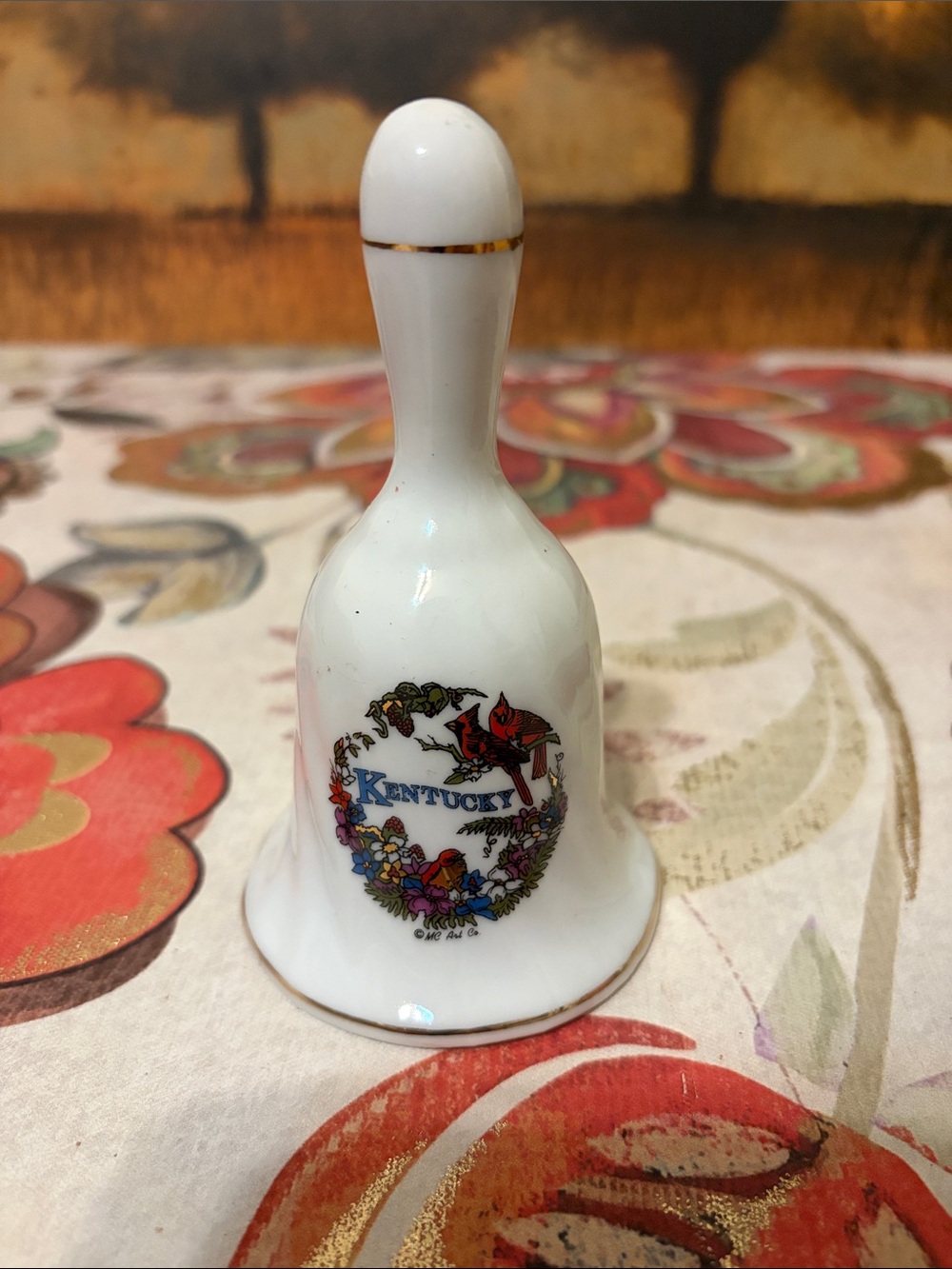 White Kentucky Floral Souvenir Bell with Gold Accent